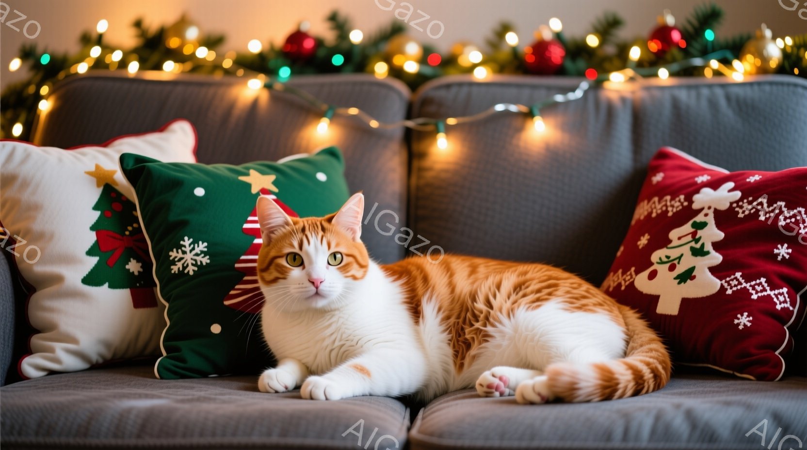 白とオレンジの毛並みを持つ猫が、クリスマスの装飾が施されたクッションに挟まれて、リラックスして横たわっています。猫は正面を見つめており、穏やかで落ち着いた表情をしています。背景には、光り輝くクリスマス - AI生成フリー素材