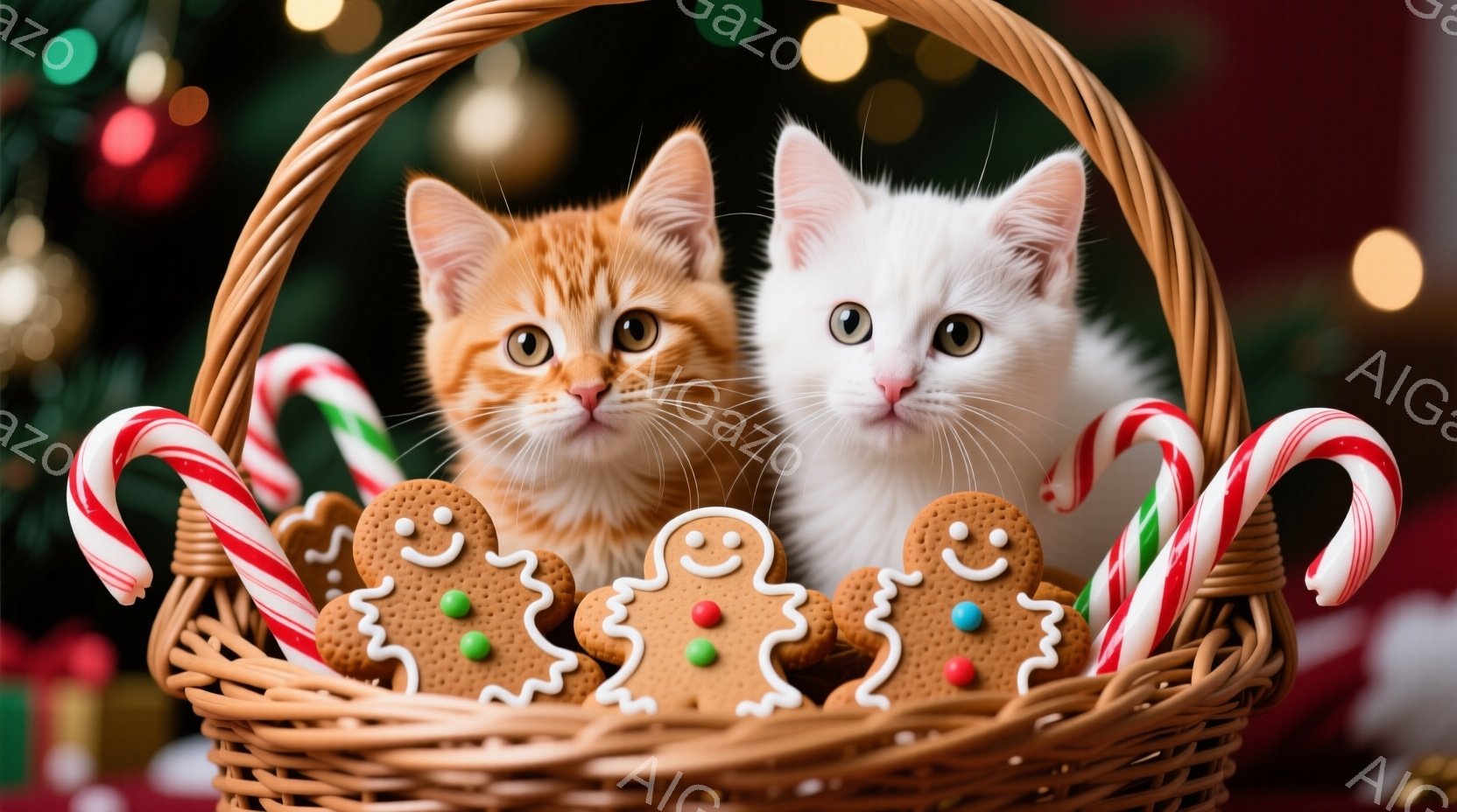 籠の中に、オレンジ色のキジトラ猫と白い猫が並んで座っています。周りにはペパーミントキャンディとジンジャーブレッドマンが飾られており、クリスマスの雰囲気が漂っています。背景はぼかしてありますが、カラフルな光と装飾が見え、温かく可愛らしい印象を与えます。