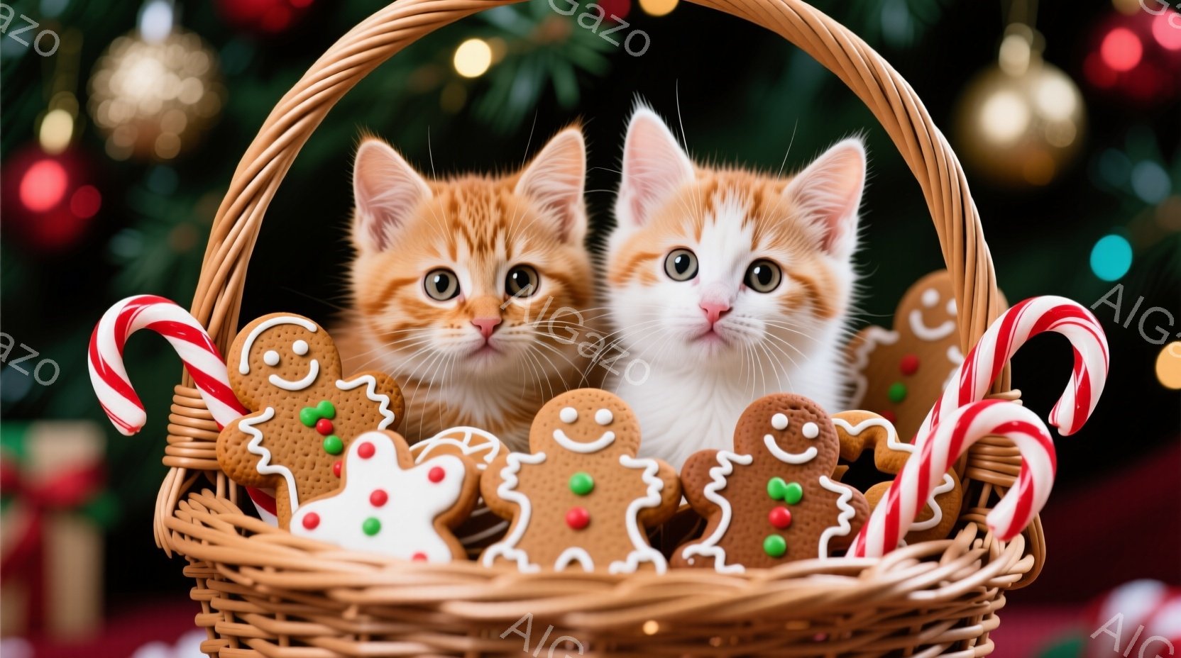 籠の中に、二匹のオレンジ色の毛並みの子猫が可愛らしく顔を覗かせています。籠の中には、ジンジャーブレッドマンやペパーミントキャンディが飾られ、クリスマスの雰囲気を盛り上げています。背景にはぼんやりとクリスマスツリーの飾りが見え、暖かく幸せな雰囲気が漂っています。