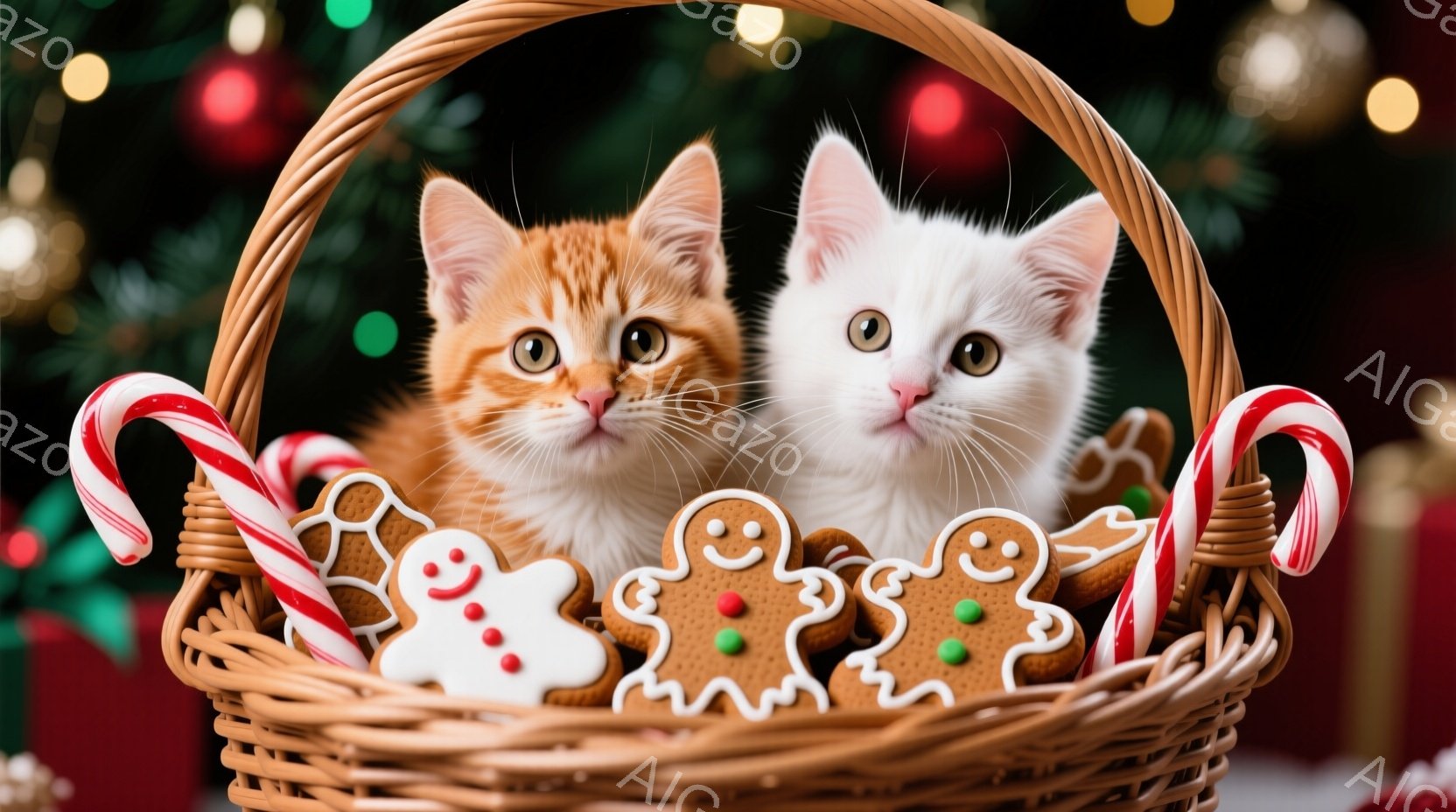 籐製のバスケットの中に、オレンジ色の毛並みの猫と白い毛並みの猫が並んで座っています。周りには、ペパーミントキャンディとジンジャーブレッドクッキーが散りばめられており、クリスマスの雰囲気が漂っています。背景には、ぼやけたクリスマスツリーとプレゼントが見え、温かくお祝いのムードが感じられます。