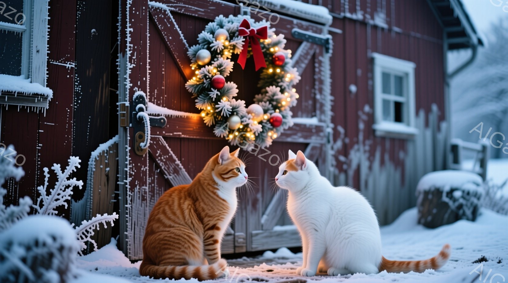 鮮やかなオレンジ色の猫と白い猫が、雪景色の中で正面を向かい合っている。背景には、クリスマスリースが飾られた赤い木製の扉があり、雪が降り積もった冬の風景が広がっている。全体的に、穏やかで暖かく、クリスマ - AI生成フリー素材
