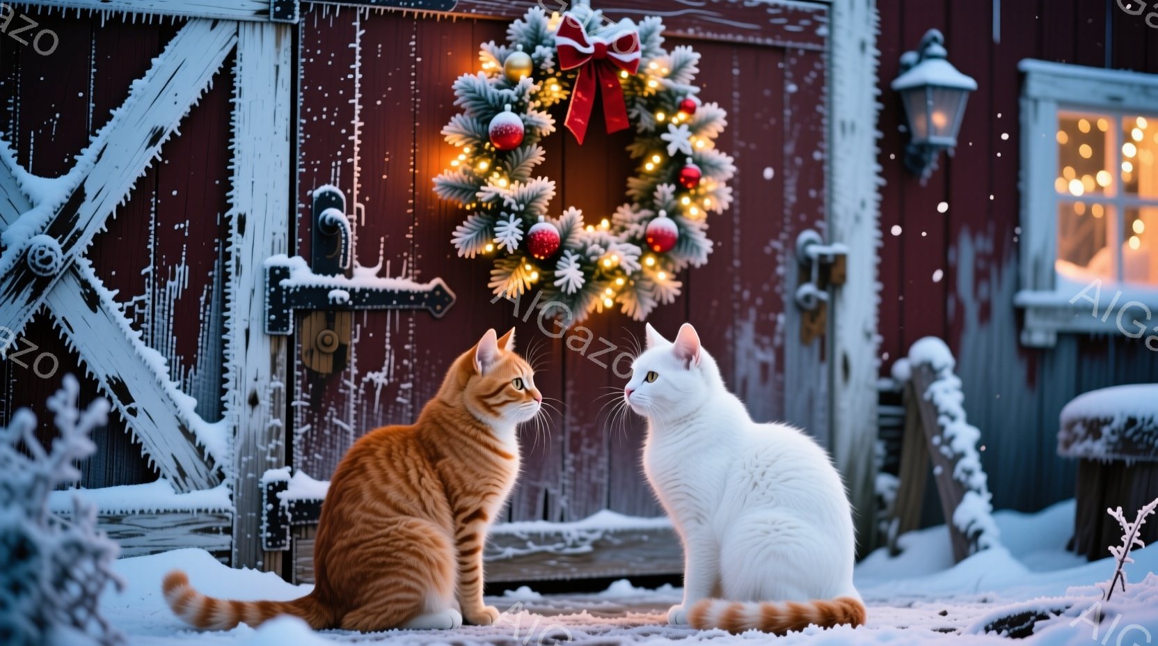 オレンジ色のトラ猫と白い猫が雪の上に並んで座っており、互いに少し視線をずらして何かを見つめているようです。背景には赤い木製のドアがあり、クリスマスリースと点灯したイルミネーションが飾られています。雪が降り積もり、全体的に暖かく、穏やかな冬の雰囲気が漂っています。