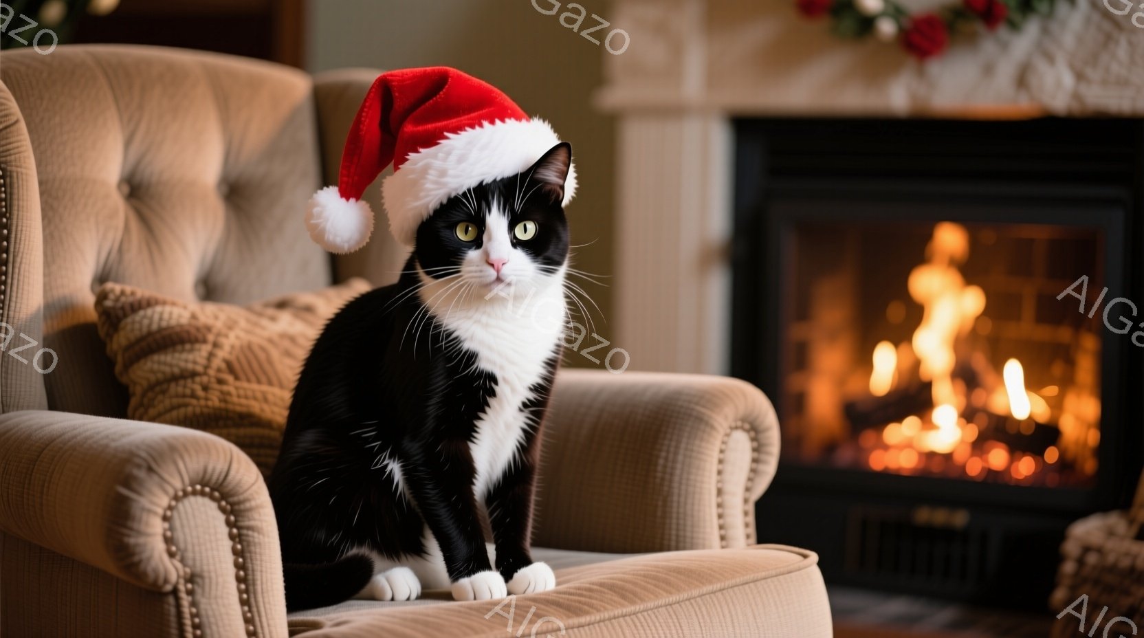 白と黒の猫が、クリスマスツリーの飾りでもある赤いサンタの帽子を被って、ボタンで飾られたクリーム色の肘掛け椅子に座っています。猫は正面を見て少し困ったような表情を浮かべ、リラックスした姿勢で座っています。背景には暖炉があり、炎が燃え盛っており、温かく快適なクリスマスの雰囲気を作り出しています。