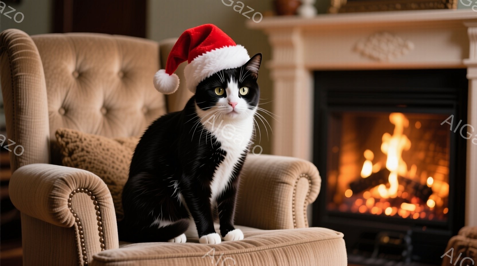 白と黒の猫が、クリスマス用の赤い帽子をかぶり、豪華なベージュ色の肘掛け椅子に座っています。その表情は少し無表情で、前方をじっと見つめています。背景には暖炉があり、オレンジ色の炎が燃え盛り、温かく居心地の良い雰囲気を醸し出しています。
