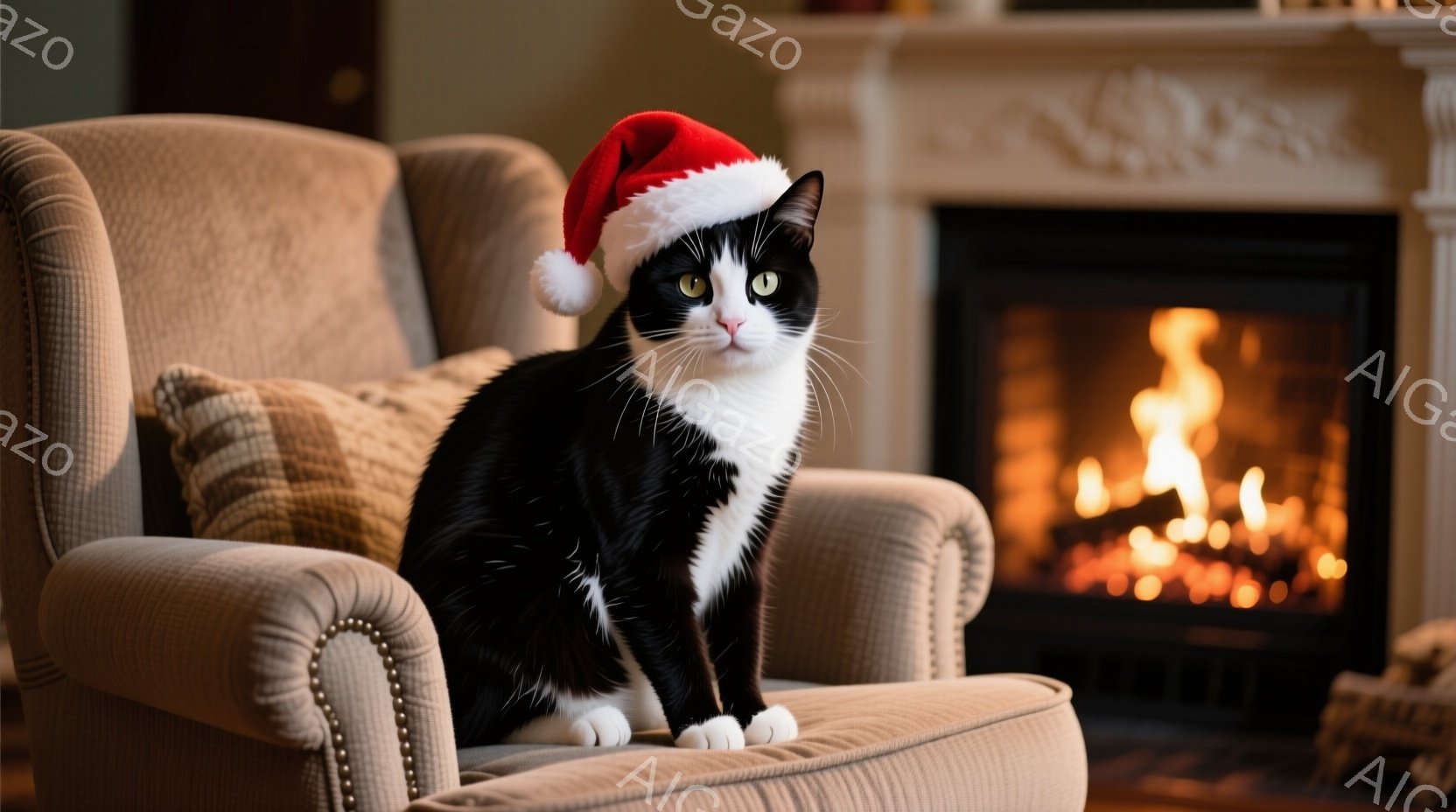 白と黒の猫が、クリスマス用の赤い帽子をかぶって、クリーム色の肘掛け椅子の座席に座っています。猫は正面を見て少し微笑んでいるようで、リラックスした表情をしています。背景には暖炉があり、炎が燃えており、部屋全体が温かく居心地の良い雰囲気です。