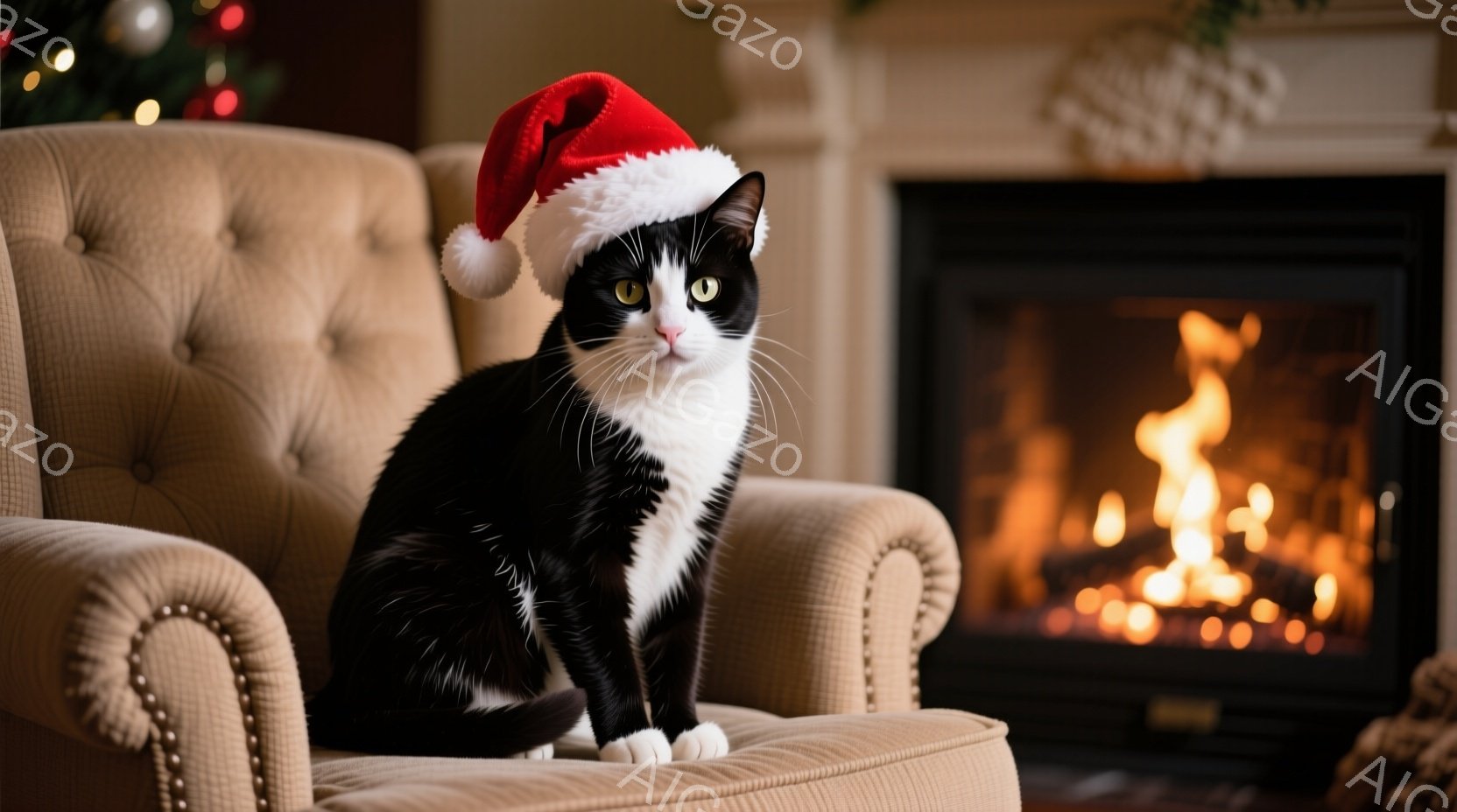 白と黒の猫が、クリスマスツリーの背景の、ボタン留めのベージュの肘掛け椅子に座っています。猫は赤いサンタ帽をかぶり、正面を見て少し驚いたような表情をしています。暖炉の炎が背景にぼんやりと見え、部屋全体が温かく、お祝いムードに包まれています。