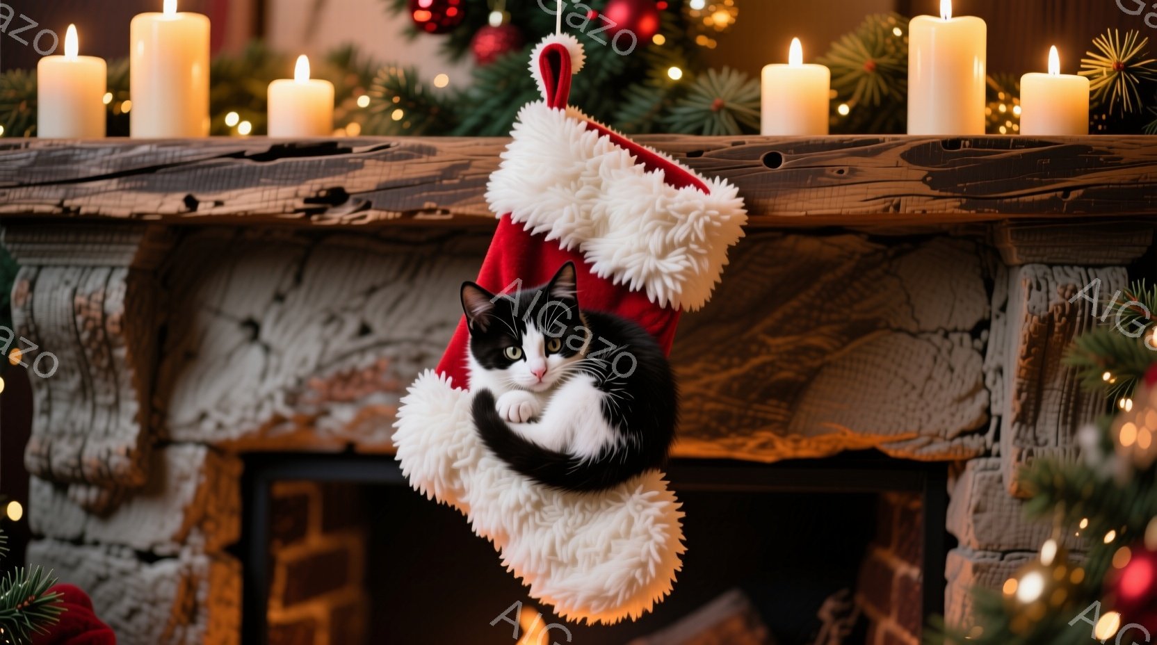この、人物が見られません。代わりに、カールソンというブランドの「サンタ帽子」を着用する黒白模様の家猫が中心です。その帽子は赤と白の毛並みで、雪だるま状に整理されていることが特徴です。 背景はクリスマスの雰囲気を表しており、インドアの石炭ファイアプレースとクリスマスガーランドの装飾が見られます。 雰囲気は暖かく調和的で、家族の冬のサンタクラウスツリーに添えられたファイアプレース上に組み合わせられることが意図されています。