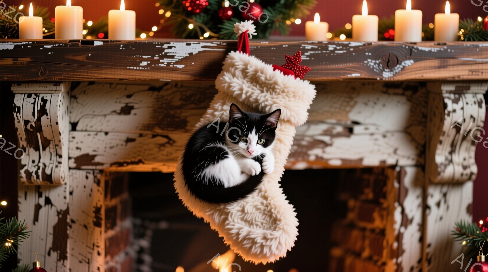 白と黒の猫が、クリスマスの飾り付けの靴下の中に丸まって入っています。背景には白い塗装が剥がれた暖炉があり、その上にクリスマスツリーの飾りと点灯したキャンドルが並んでいます。暖かく、居心地の良いクリスマスの雰囲気が漂う、遊び心のある可愛らしい光景です。