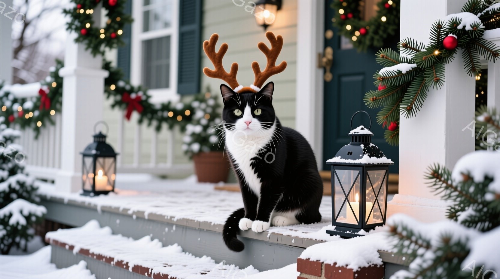 白黒の猫が、クリスマスのトナカイの角を付けて家の玄関の段差に座っています。背景には、クリスマスリースやイルミネーションで飾られた家があり、雪が降り積もった冬の風景が広がっています。暖かく穏やかなクリス - AI生成フリー素材