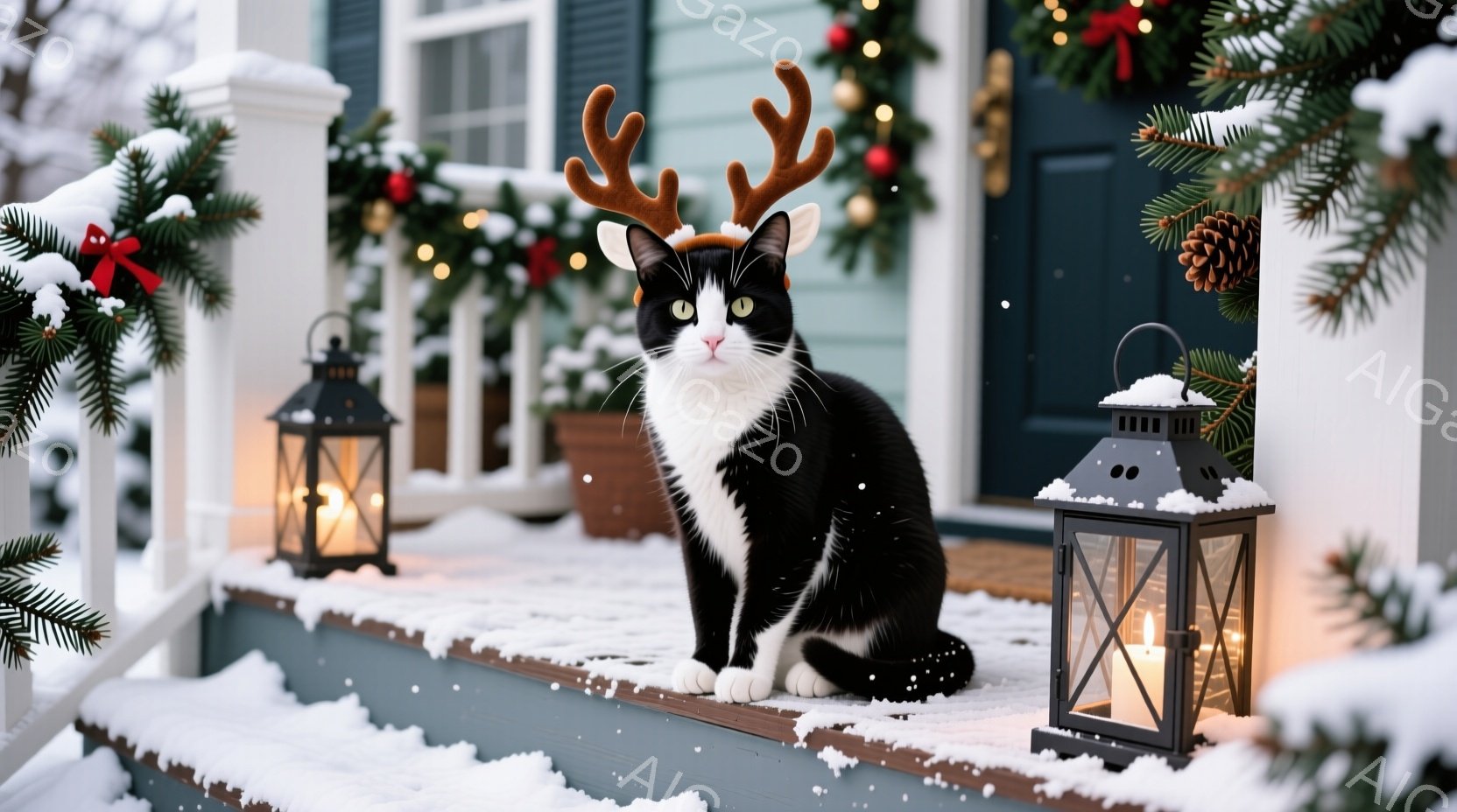 白と黒の猫が、クリスマスのトナカイの角を付けて、雪の積もった家のポーチに座っています。背景にはクリスマスデコレーションが施され、キャンドルが灯されたランタンが猫の周りを照らし、暖かくお祝いの雰囲気を醸 - AI生成フリー素材
