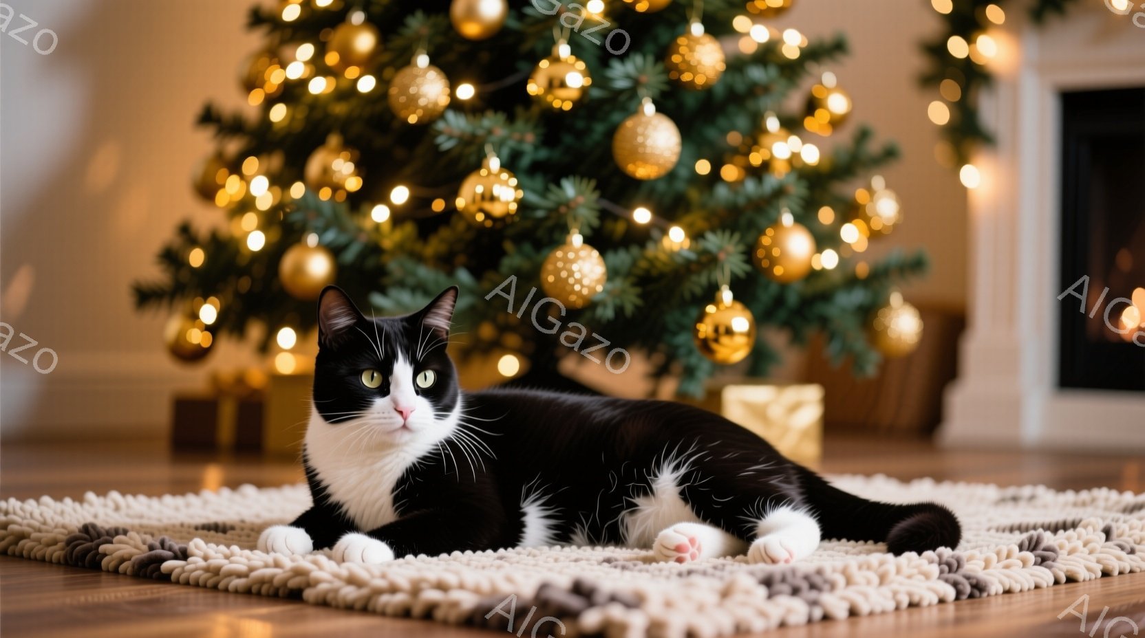 白と黒の猫が、ぼんやりとした表情で、毛皮のような敷物の上に横たわっています。背景には、金色のオーナメントで飾られたクリスマスツリーがあり、暖かく穏やかな雰囲気を醸し出しています。部屋全体は暖色系の光に - AI生成フリー素材
