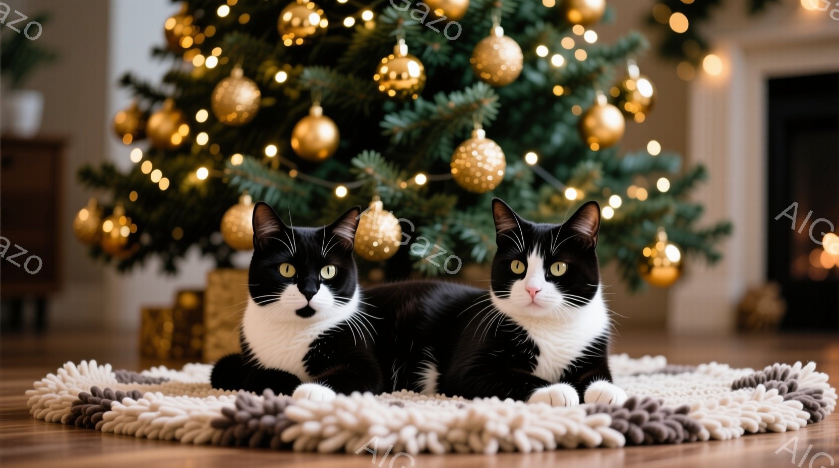白と黒の猫が、円形のグレーと白のラグの上に並んで座っています。猫たちは正面を見ており、リラックスした表情で、少し眠たげな印象を与えます。背景には、たくさんの金色のオーナメントで飾られたクリスマスツリーがぼやけて見え、温かく穏やかな雰囲気を醸し出しています。