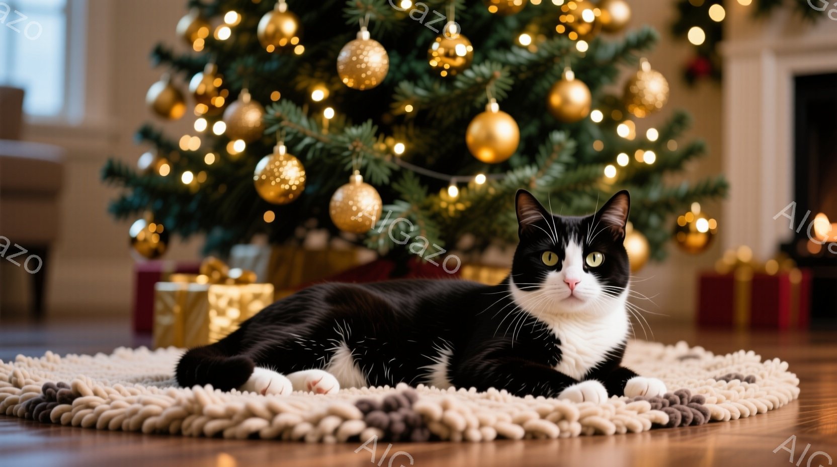 白と黒の猫が、丸いベージュのラグの上でリラックスして横たわっています。背景にはクリスマスツリーが飾られ、金色のオーナメントと暖かい光で輝いています。全体的に、居心地の良い暖炉のある家で、休日らしい穏やかな雰囲気が漂っています。