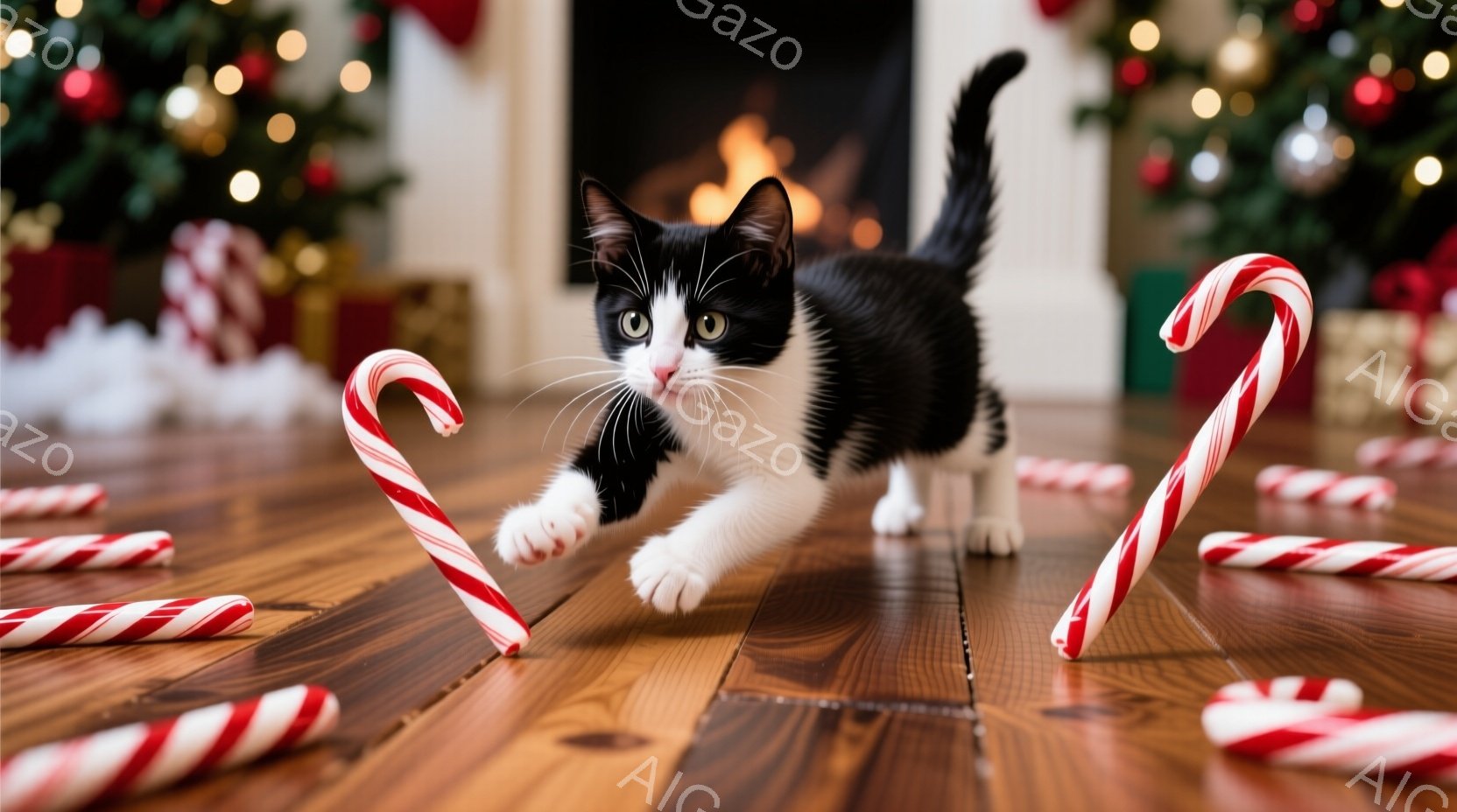 白と黒のキティが木製の床の上でキャンディケーンに向かって駆け寄っています。背景にはクリスマスツリー、プレゼント、暖炉があり、お祝いの雰囲気を醸し出しています。全体的に暖かく、遊び心のある、幸せなクリス - AI生成フリー素材