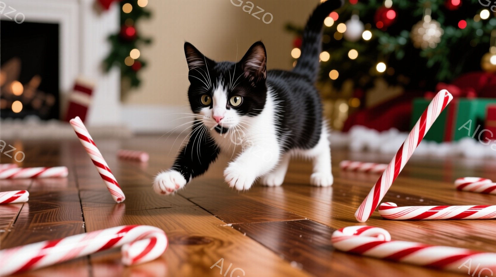 白と黒の猫が、クリスマスの飾り付けがされた部屋の木の床の上を駆け抜けている。周りには赤と白のペパーミントキャンディが散らばり、背景にはクリスマスツリーと暖炉が見える。暖かく、お祝いの雰囲気で、猫は遊び心いっぱいの表情で楽しんでいるようだ。