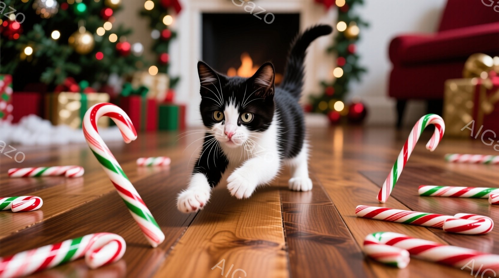白と黒の猫が木の床の上を駆け抜けている、背景にはクリスマスツリーと暖炉があり、床にはキャンディケーンが散らばっている。猫は前足を伸ばし、活発で遊び心のある表情で、お祝いの雰囲気を醸し出している。暖炉の - AI生成フリー素材