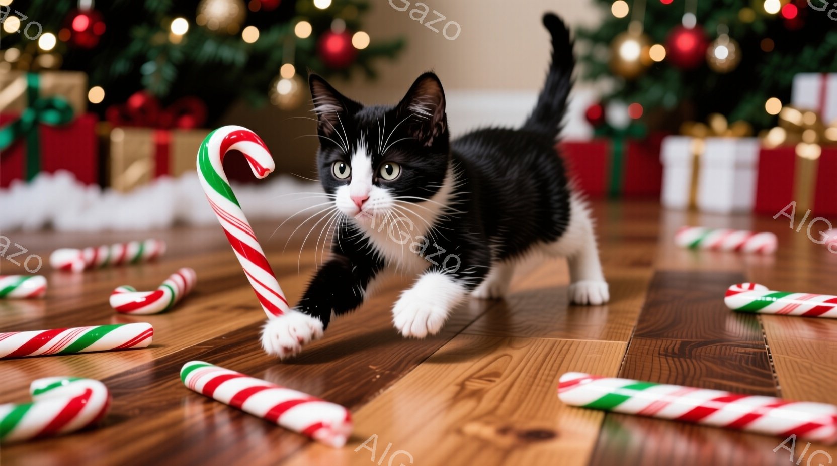 白と黒の縞模様の小さな子猫が、クリスマスのキャンディケーンに興味津々で手を伸ばしています。背景には、クリスマスツリーとプレゼントの箱が飾られ、床にはキャンディケーンが散らばっています。全体的に暖かく、 - AI生成フリー素材