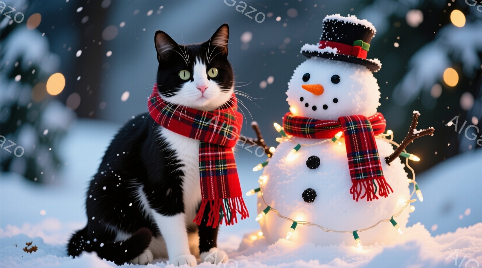 白黒の猫が雪の中に座り、赤いチェック柄の暖かいスカーフを巻いています。隣には雪だるまが立っており、頭には黒い帽子、鼻にはニンジン、口には小石が使われ、カラフルなイルミネーションライトが体を飾っています - AI生成フリー素材
