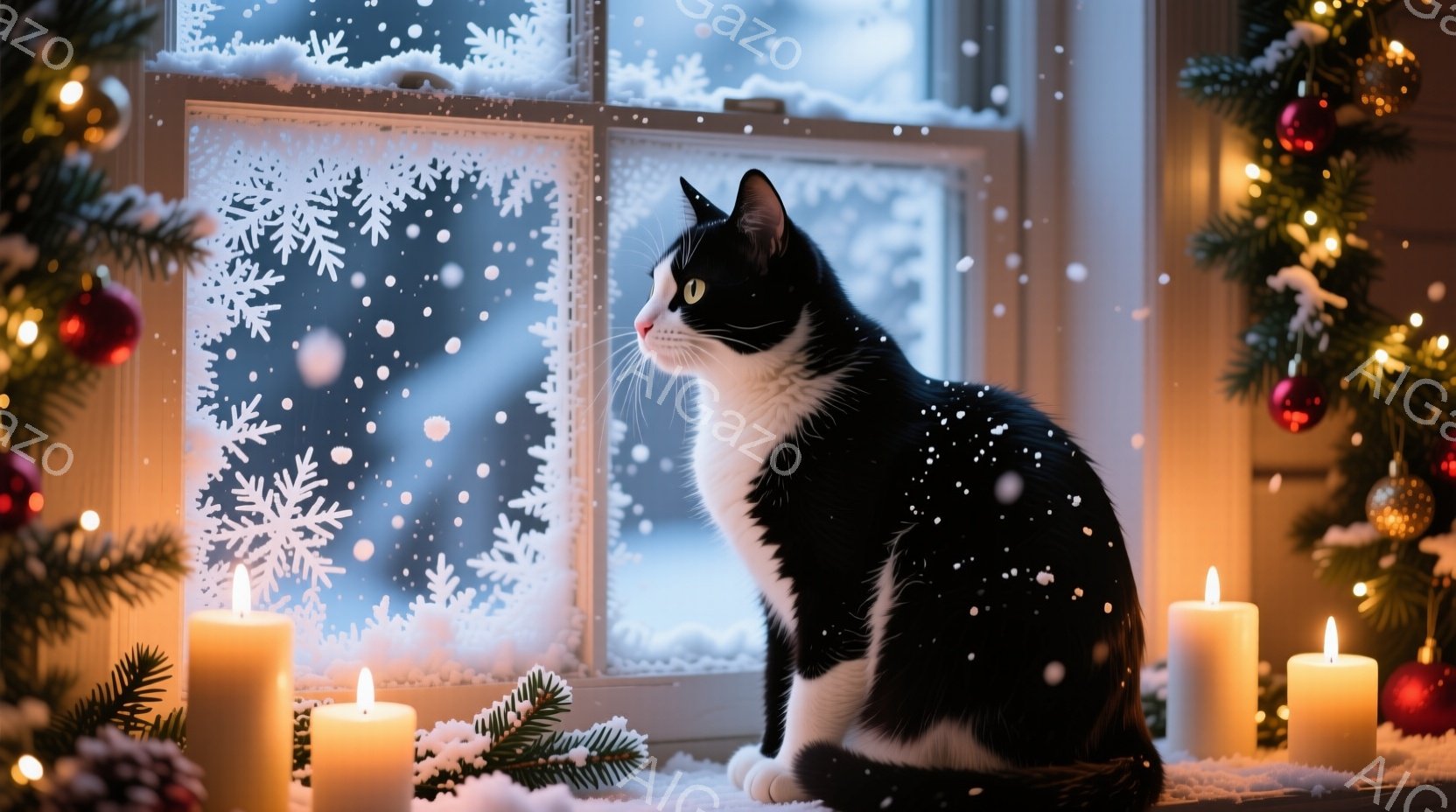 白黒の猫が窓辺に座り、雪景色を眺めている。窓には雪の結晶模様が描かれており、暖かく光るキャンドルが猫の周りに置かれている。背景にはクリスマスツリーの緑が映り、温かく穏やかな冬の雰囲気を醸し出している。 - AI生成フリー素材
