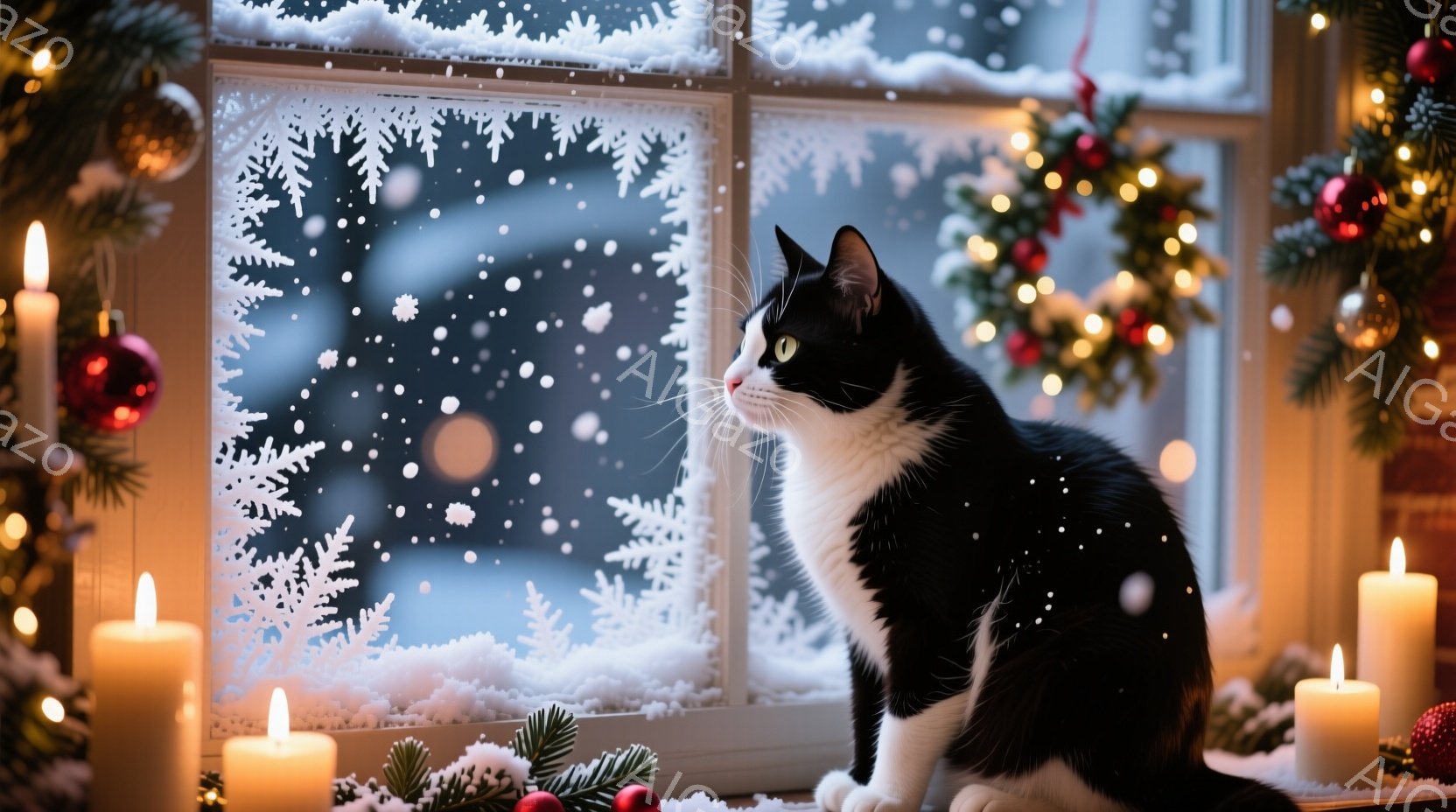白い窓枠に雪の模様が描かれ、その前に黒と白の猫が座っています。猫は右を向き、何かをじっと見つめており、落ち着いた雰囲気です。背景にはクリスマスツリーが飾られ、暖かく優しい光を放つキャンドルが置かれ、冬 - AI生成フリー素材
