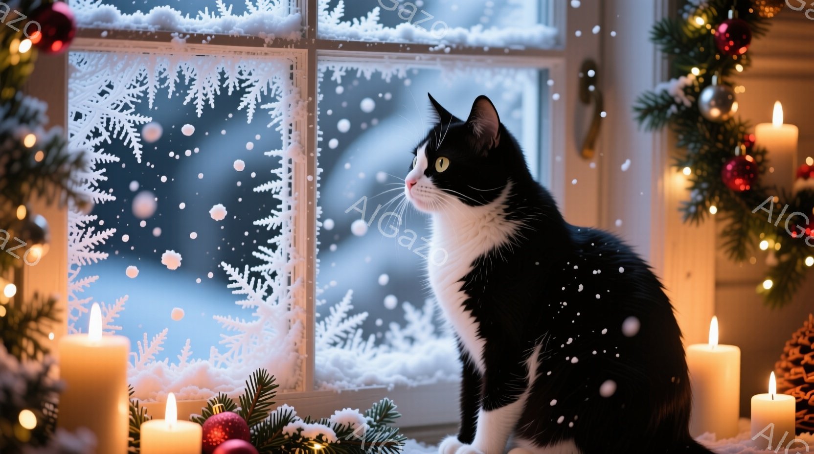 白い模様が特徴的な黒猫が、雪の結晶が描かれた窓の外をじっと見つめています。窓辺には複数のキャンドルが灯り、クリスマスツリーの飾りとともに温かい光を放ち、穏やかな冬の雰囲気を醸し出しています。背景は雪景色で、全体的に静かで安らかな印象を与えます。