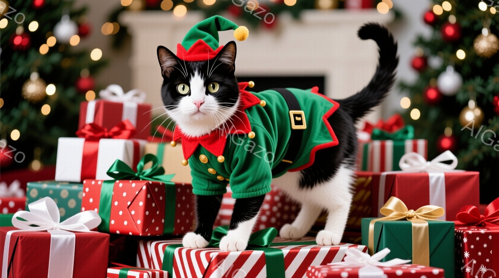 白と黒の猫が、緑色のエルフの衣装を着てプレゼントの山の上を歩いています。猫は自信に満ちた表情でカメラを見つめており、赤いポンポンが付いたエルフの帽子が可愛らしいです。背景には、様々なラッピングペーパーで飾られたプレゼントの山と、ぼんやりと見えるクリスマスツリーがあり、温かくお祝いムードに満ちています。