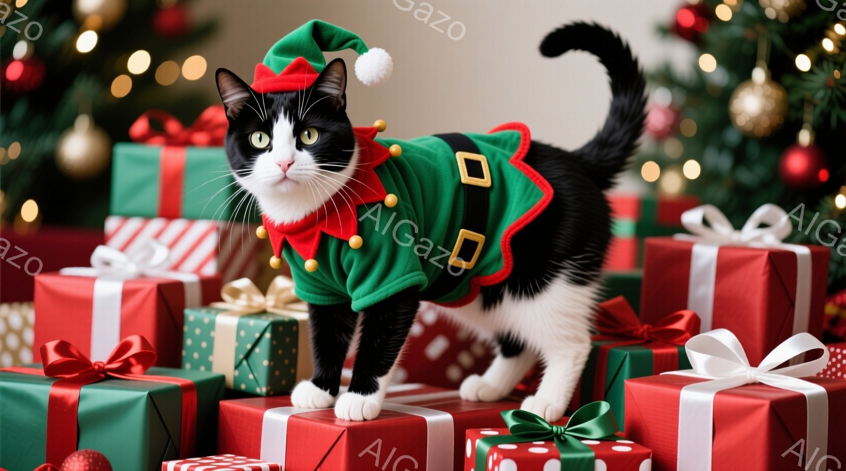 白と黒の猫がクリスマスエルフの衣装を着て、プレゼントの山の上で立っています。猫は赤い帽子と緑色のベストを着ており、少し不機嫌そうな表情をしています。背景には、ぼやけたクリスマスツリーと光の装飾があり、全体的に祝祭で遊び心のある雰囲気が漂っています。