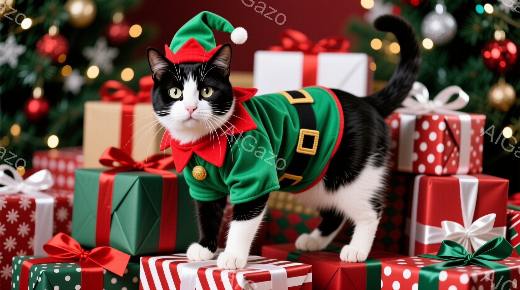 白と黒の猫がクリスマスらしい衣装を着て、プレゼントの山の上に立っています。猫は緑色のベストと赤い帽子を身につけ、少し困ったような表情をしています。背景には、きらめくクリスマスツリーとカラフルな包装紙の - AI生成フリー素材