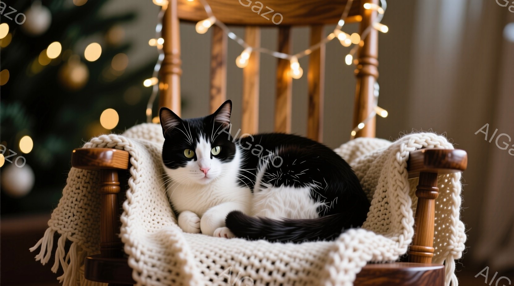 白と黒の猫が、編み物のブランケットが敷かれたロッキングチェアに丸まって座っています。猫はリラックスした表情で、わずかに目を細めています。背景にはぼやけたクリスマスツリーと、暖色の電飾が見え、穏やかで心 - AI生成フリー素材