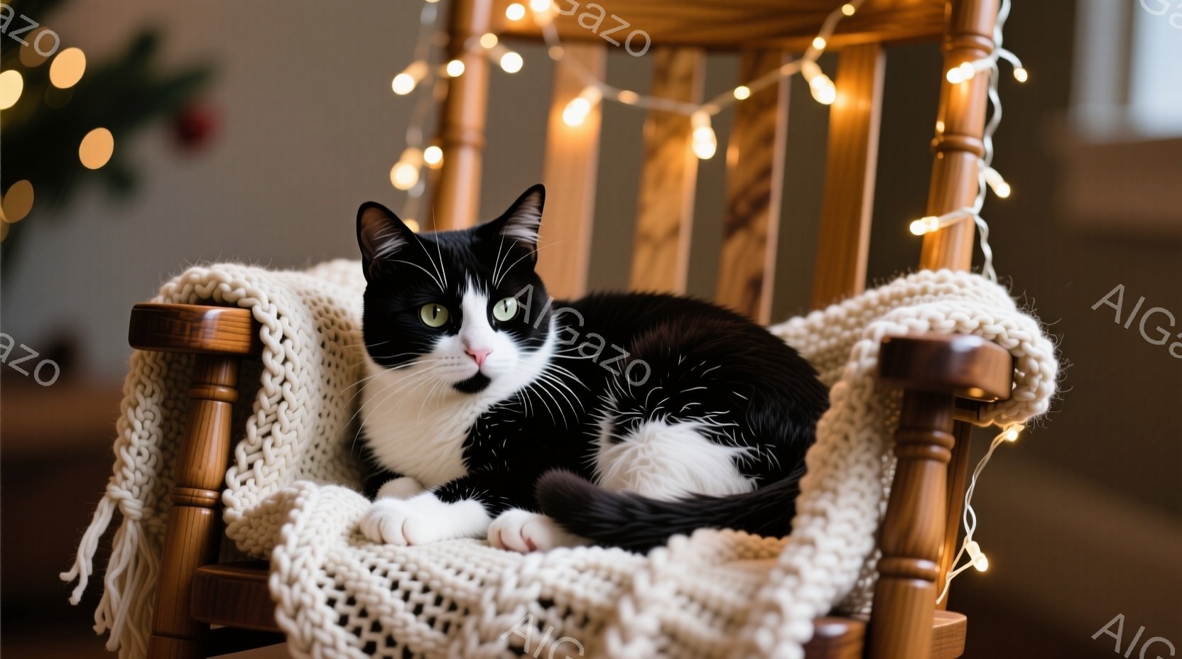 この猫があり、それはロッカーの上に座っている。猫は寝ており、白と黒の斑模様があります。そして、背景にはクリスマスの装飾が敷かれていることが分かるです。猫の表情は沈んでおり、寝ている様子を感じさせます。 - AI生成フリー素材