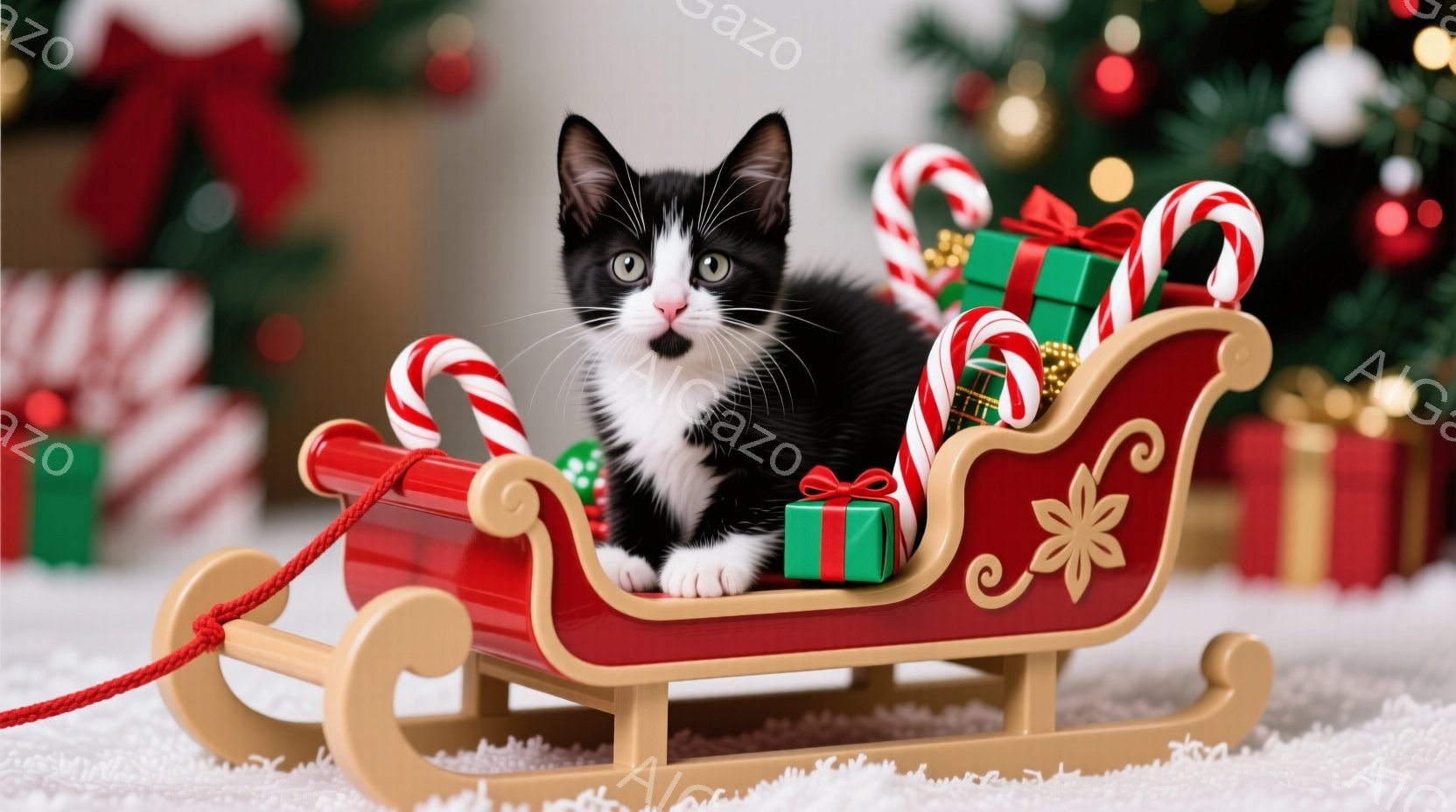 白と黒の猫が、赤いそりに座ってこちらを見ています。そりには緑色のリボンのかかったプレゼントの箱やキャンディケーンが積み上げられ、背景にはクリスマスツリーと白い毛並みの敷物が広がっています。全体的に暖か - AI生成フリー素材