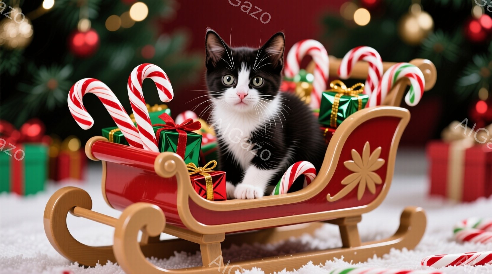 白と黒のキティが赤いそりに座り、緑色のリボンで飾られたプレゼントに囲まれています。背景にはぼやけたクリスマスツリーの飾りと、赤と白のキャンディケーンが散りばめられており、雪のような白い地面が広がってい - AI生成フリー素材