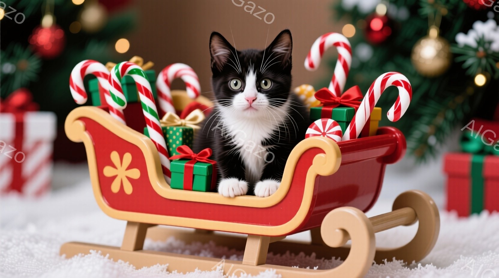 白と黒の小さな子猫が、赤いそりに座ってプレゼントに囲まれています。そりは木製で、背景にはクリスマスツリーやギフトボックスが飾られています。全体的に暖かく、お祝いムード満点の雰囲気で、冬のホリデーシーズ - AI生成フリー素材