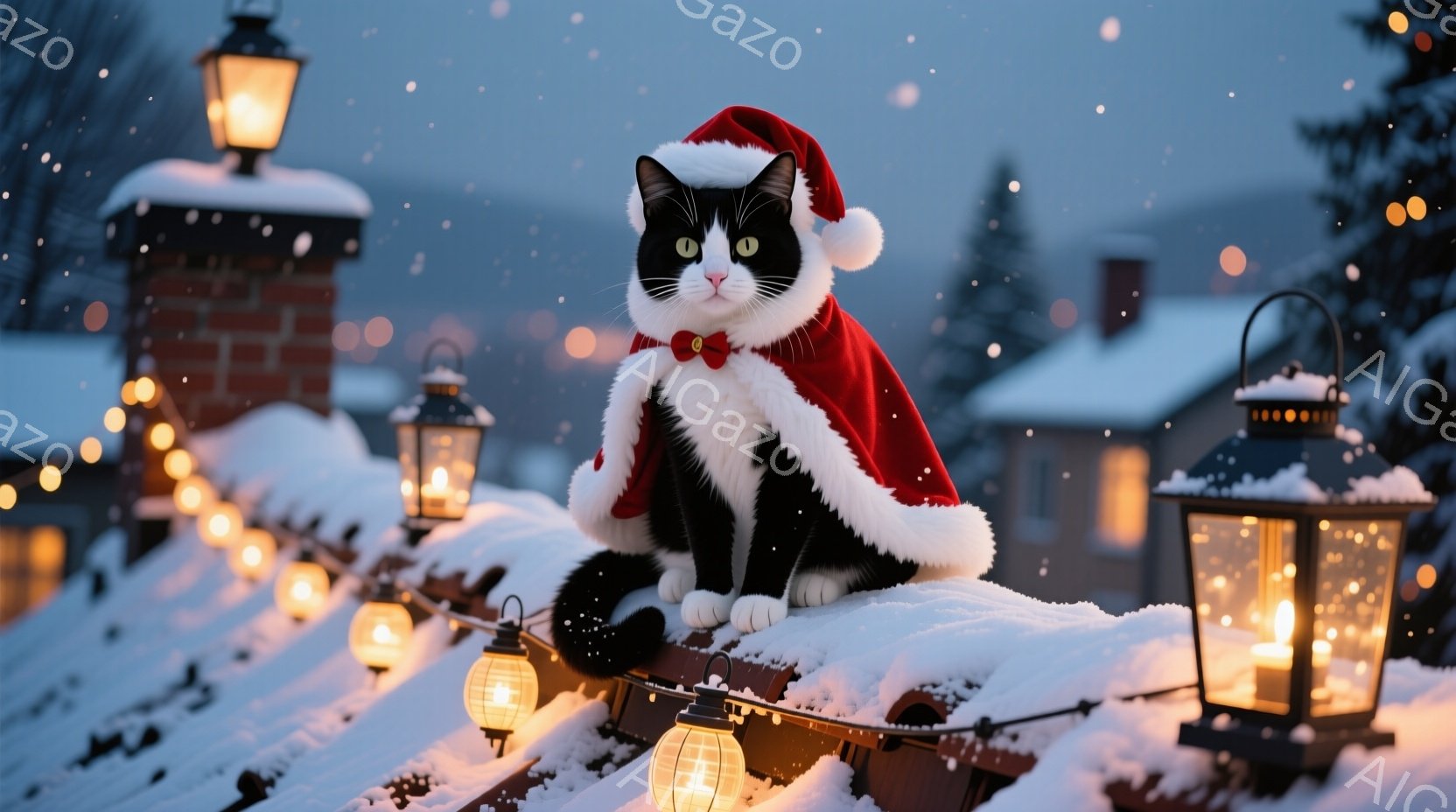 白と黒の猫が、赤いサンタの帽子と赤いリボンを身に着け、雪で覆われた屋根の上で座っています。背景には、雪で覆われた家々と、点灯したランタンが並び、雪が舞い降りています。全体的に、暖かく、お祝いの雰囲気が - AI生成フリー素材