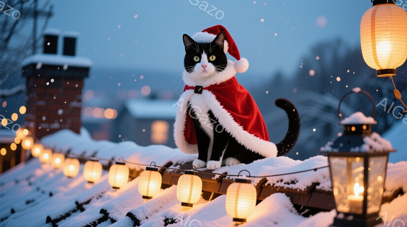 黒と白の猫がサンタクロースの帽子と赤いマントを身に着けて、雪で覆われた屋根の上に座っています。背景には、雪景色と点灯された小さなランタンが並び、冬の暖かく幻想的な雰囲気を醸し出しています。猫は少し横を - AI生成フリー素材