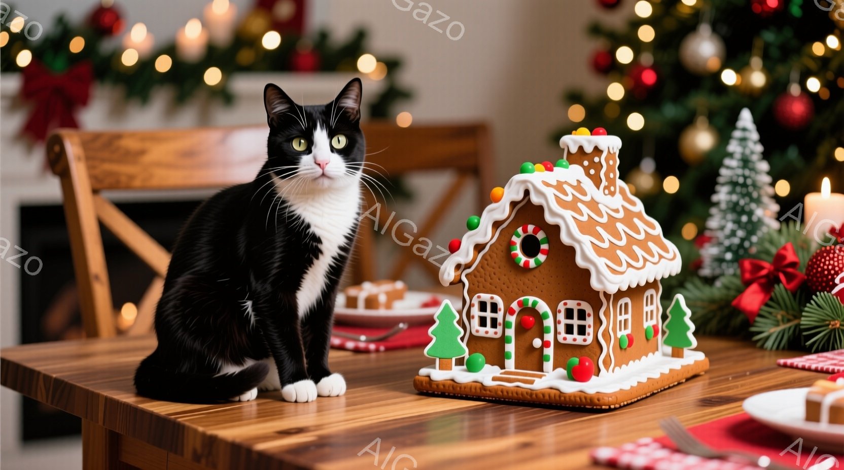 クリスマステーマを持つもので、中心に座った黒と白のタイガーキャットが目立っています。キャットは注意深く瞑息しており、前足を伸ばしているように見えます。背景はクリスマスグッズで飾られたテーブルと椅子で、冷たい空気を窺わせるかのような表情をしています。