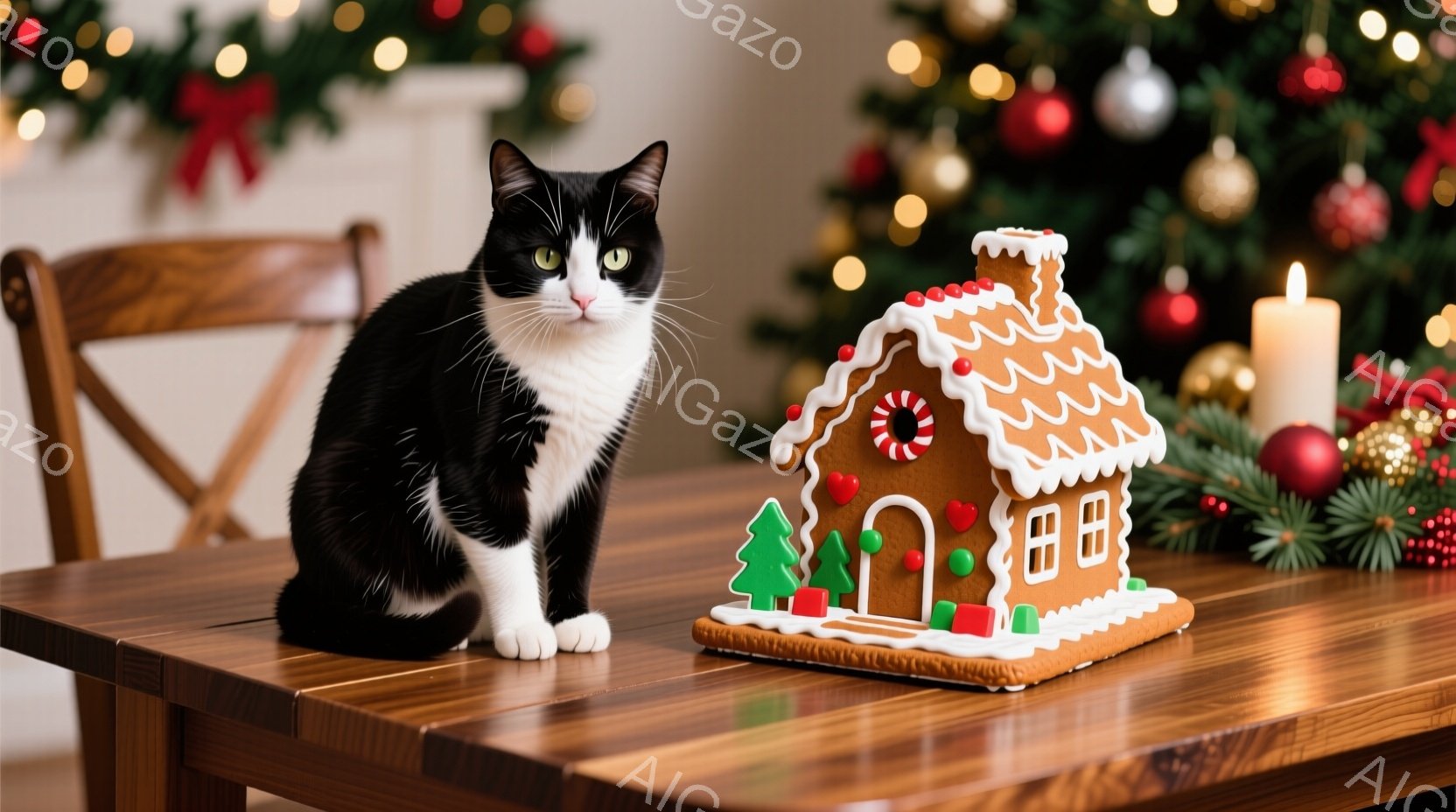 白と黒の猫が木製のテーブルの上に座っており、その隣にはジンジャーブレッドハウスが置かれている。背景にはクリスマスツリーが飾られ、キャンドルが灯っており、暖かくお祝いムードが漂っている。猫はリラックスし - AI生成フリー素材