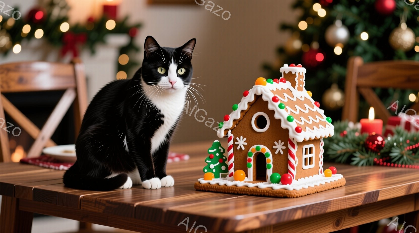 白と黒の猫が木製のテーブルの上に座っており、その隣にはジンジャーブレッドハウスが置かれている。背景には、ぼやけたクリスマスツリーの光と、赤い飾りが見える暖かく、お祝いの雰囲気である。猫は落ち着いており - AI生成フリー素材