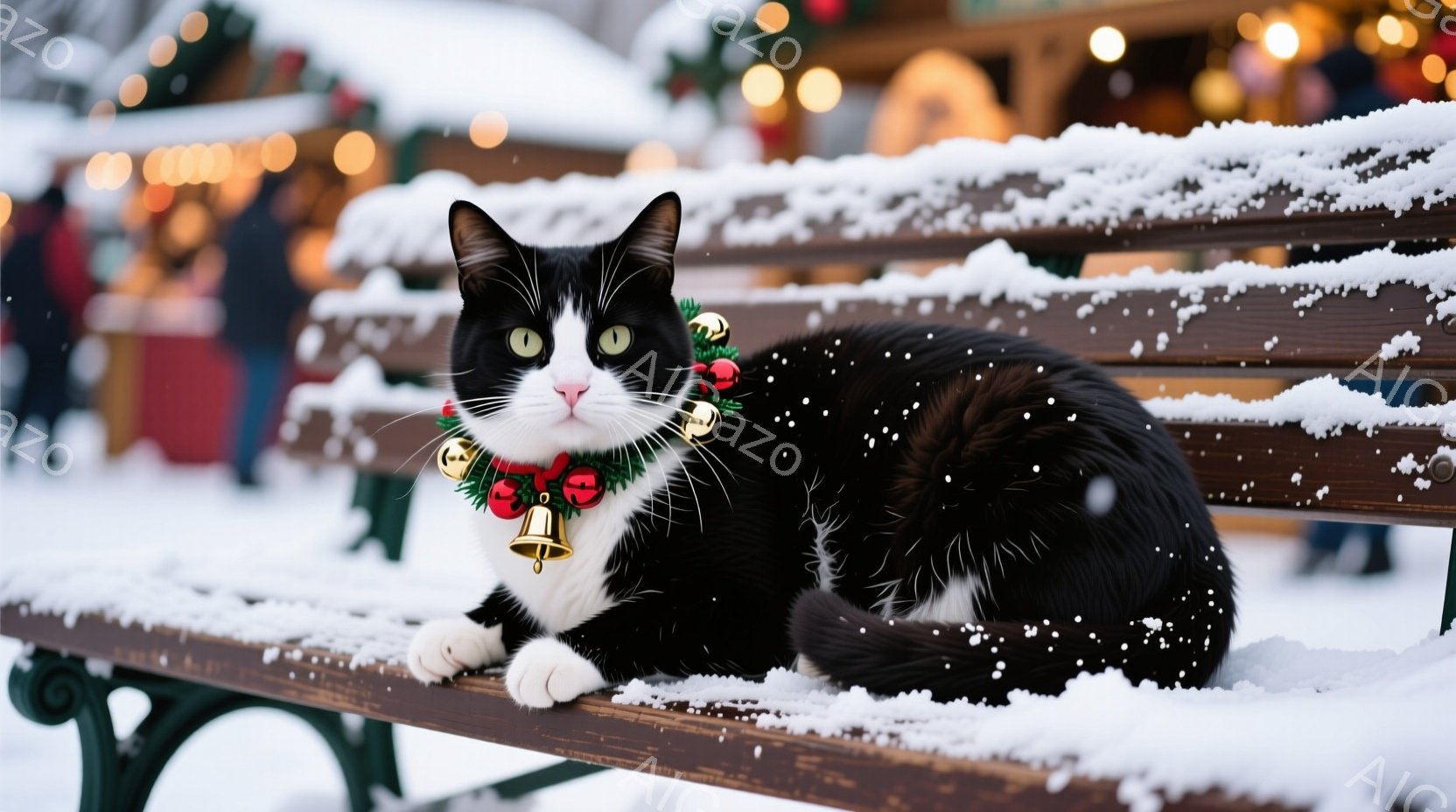 白と黒の猫が雪の積もったベンチに横たわっており、首にはクリスマス風の飾り付きの首輪が巻かれています。背景にはぼやけたクリスマスマーケットのような光景が広がり、雪が静かに降り積もる冬の日の穏やかな雰囲気 - AI生成フリー素材