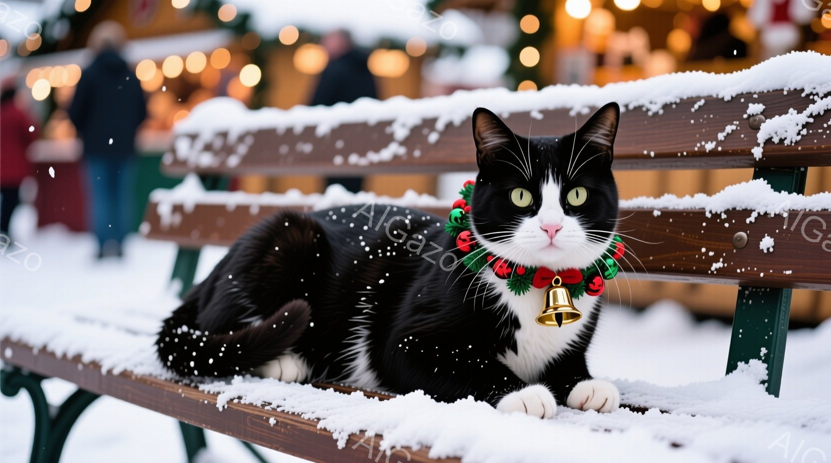 白黒模様の猫が、雪が積もった木製のベンチに横たわっています。首には赤い花輪のような装飾と小さなベルがついており、リラックスした表情でこちらを見ています。背景はぼやけていますが、雪が舞う中で光るイルミネ - AI生成フリー素材