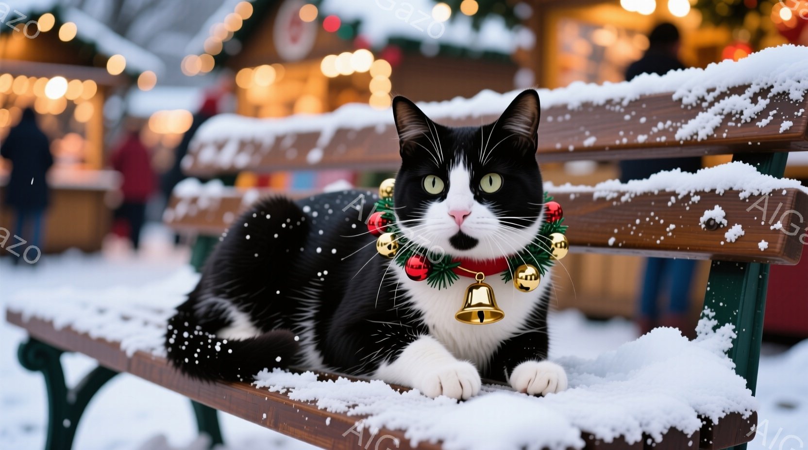 白と黒の猫が、雪で覆われた木製のベンチに横たわっています。赤い飾りと鈴がついた首輪をつけており、まるでクリスマスの飾り付けの一部のように見えます。背景には、ぼやけた光が灯る建物や人々が見え、冬のクリス - AI生成フリー素材