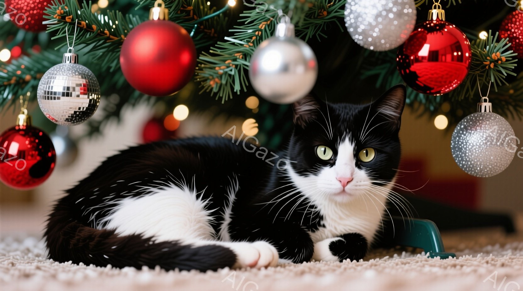 白と黒の猫がカーペットの上に横たわっており、緑色のクリスマスツリーの枝が背景に見えます。猫は正面を見つめ、落ち着いた表情をしています。背景には、赤と銀のクリスマスオーナメントが散りばめられ、温かくお祝いの雰囲気を醸し出しています。