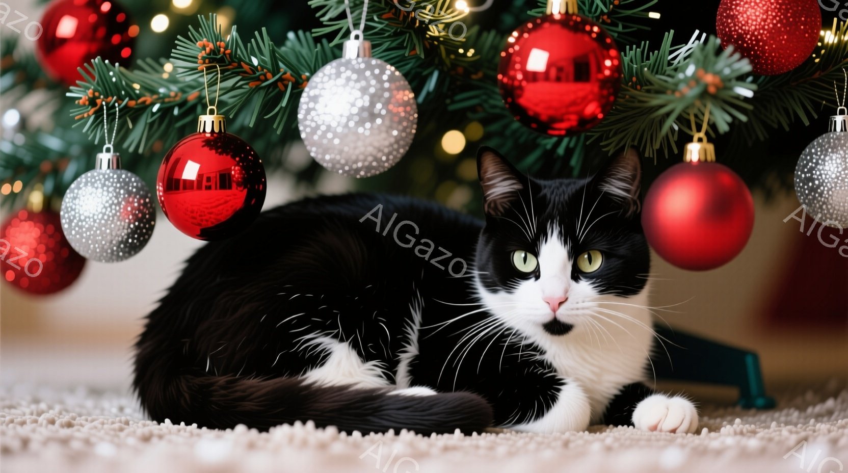 白と黒の猫が、カーペットの上に横たわっており、リラックスした様子を見せています。背景にはクリスマスツリーが飾られており、赤や銀色のオーナメントが輝いています。暖かく穏やかな雰囲気で、猫はまるでクリスマスの飾りの一部のように、その存在感を放っています。