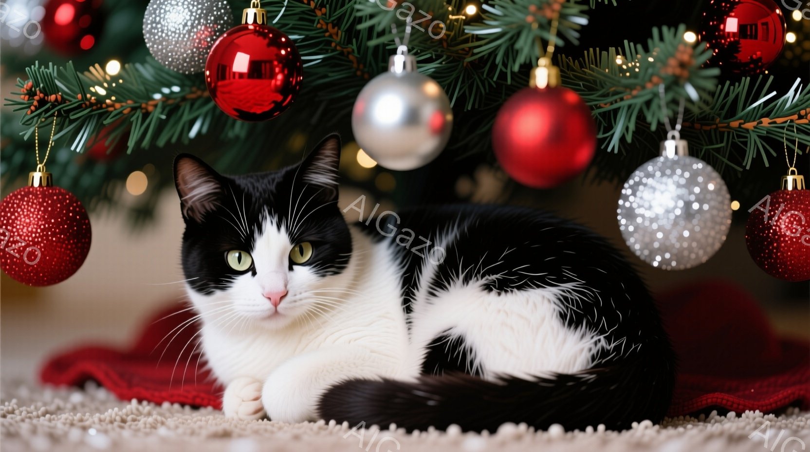 白と黒の猫が、赤い布の上に横たわっています。背景にはクリスマスツリーが飾られており、赤いオーナメントや銀色のオーナメントが輝いています。猫はリラックスした表情で、暖かくお祝いの雰囲気のシーンです。