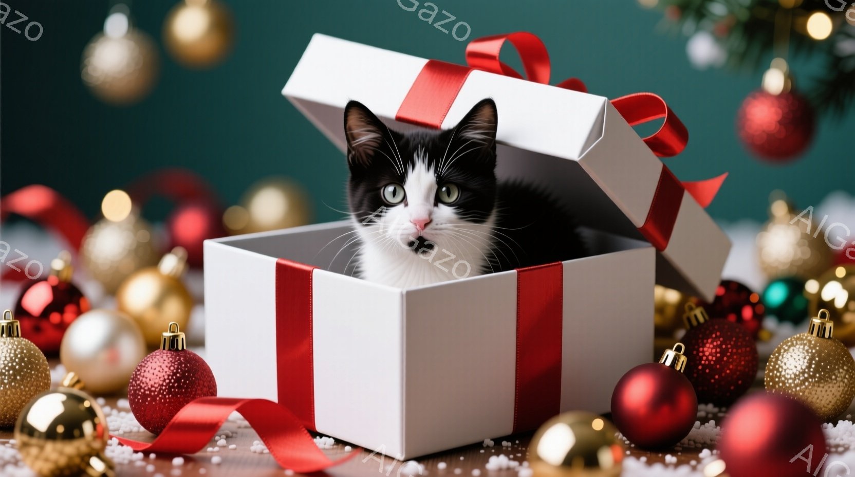 白地に赤いリボンで飾られたギフトボックスの中に、白黒の猫が顔を覗かせています。背景には、様々な色のクリスマスオーナメントが散りばめられ、木製のテーブルの上に雪のようなものが置かれています。温かく、可愛 - AI生成フリー素材