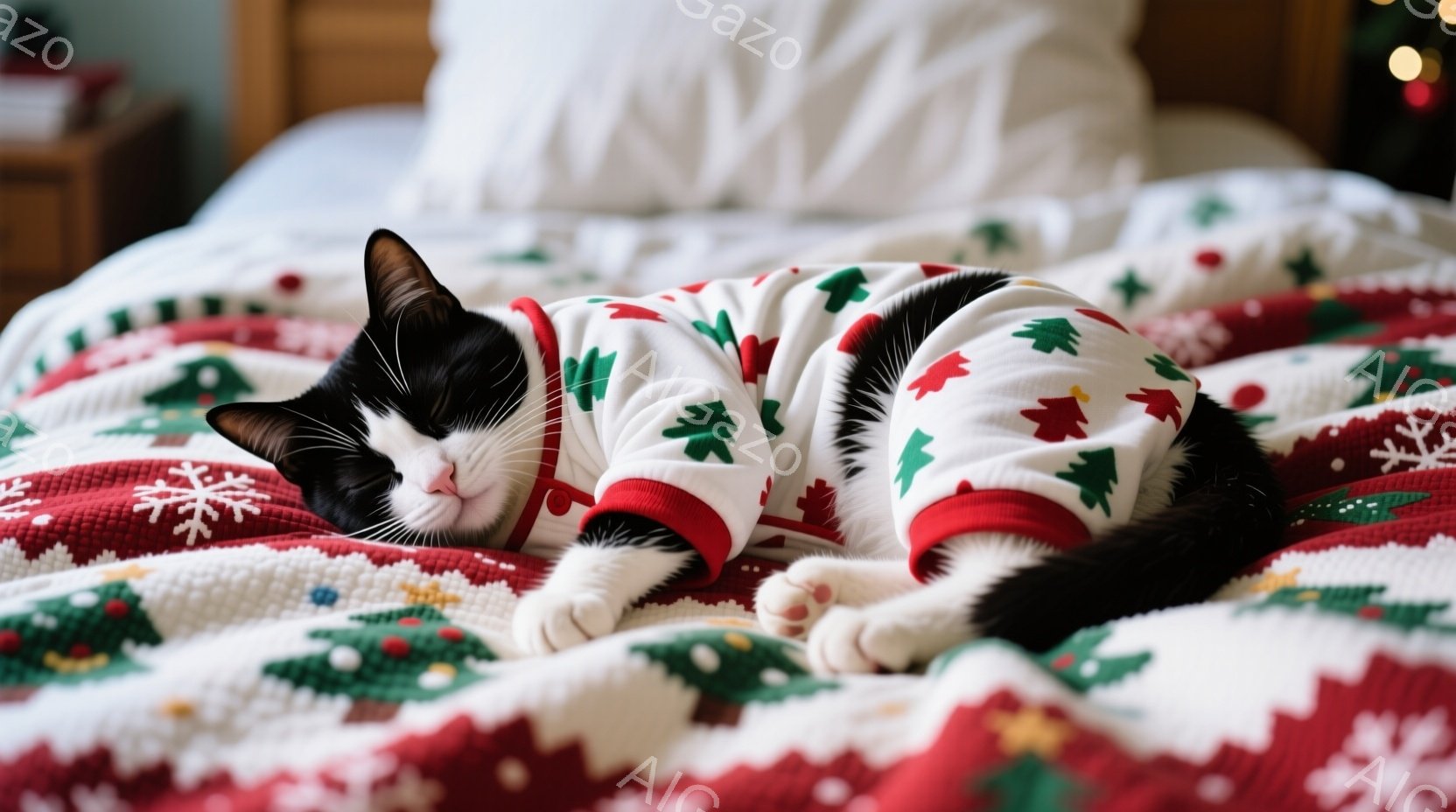 白黒の猫がクリスマス柄のセーターを着て、赤い毛布の上に横たわっています。猫は目を閉じてリラックスした表情で、四肢を伸ばしてくつろいでいます。背景には枕とぼやけた家具が見え、暖かく心地よい雰囲気が漂っています。