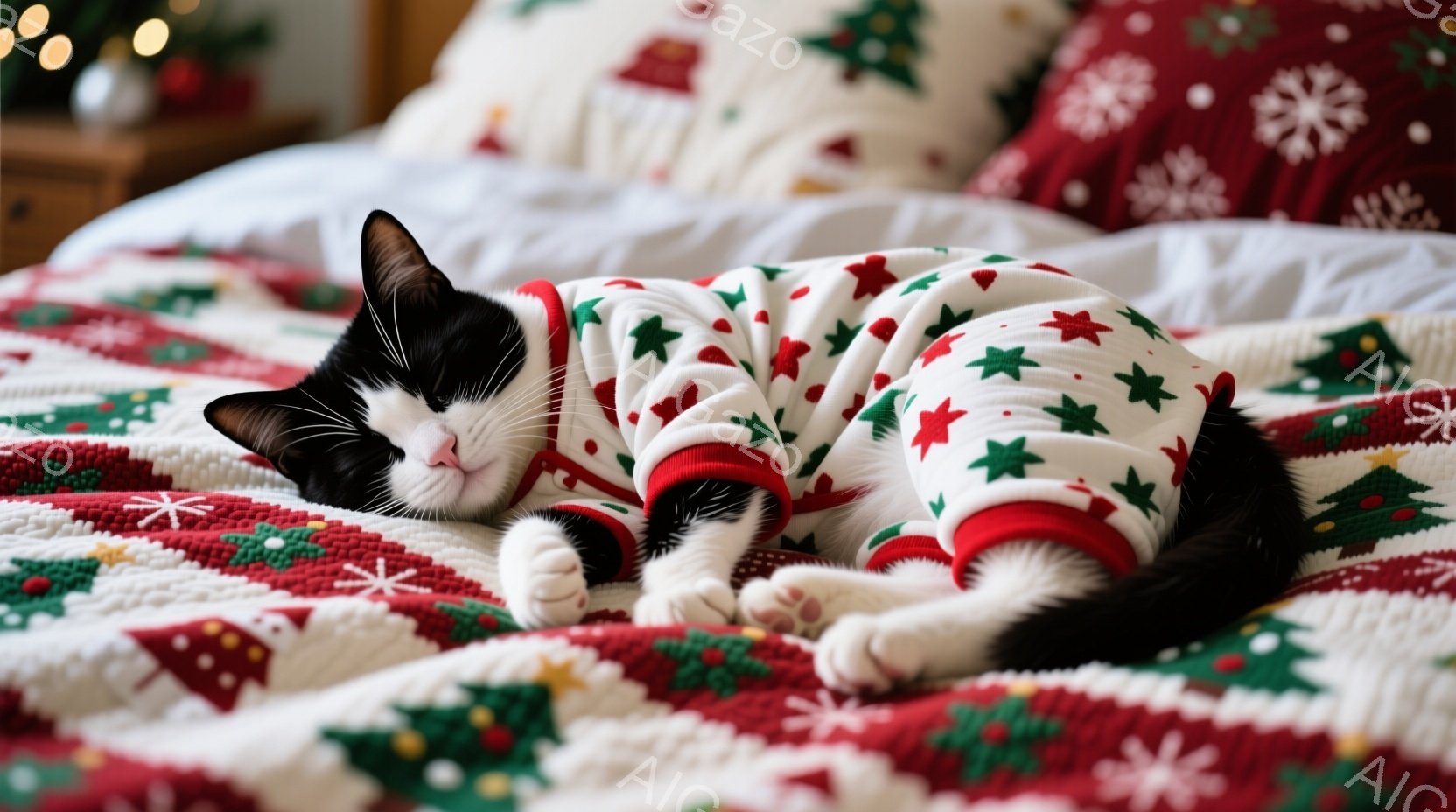 白と黒の猫が、クリスマス柄の赤いセーターを着てベッドの上で横たわっています。猫は目を閉じてリラックスした表情で、前足を伸ばして眠っているようです。背景には、クリスマスツリーの模様が描かれたベッドシーツ - AI生成フリー素材