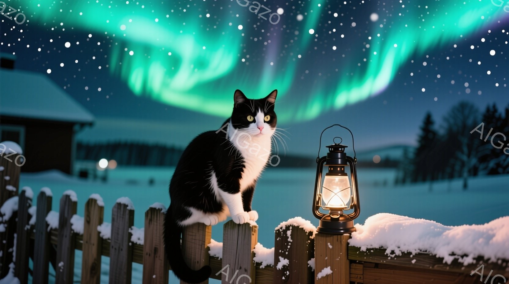 白と黒の猫が雪に覆われた木の柵の上に座って、遠くのオーロラを眺めている。周囲は雪景色で、小さな家や木々がぼんやりと見える。暖かい光を放つランタンが柵の柱に飾られ、幻想的な冬の夜の雰囲気を醸し出している - AI生成フリー素材