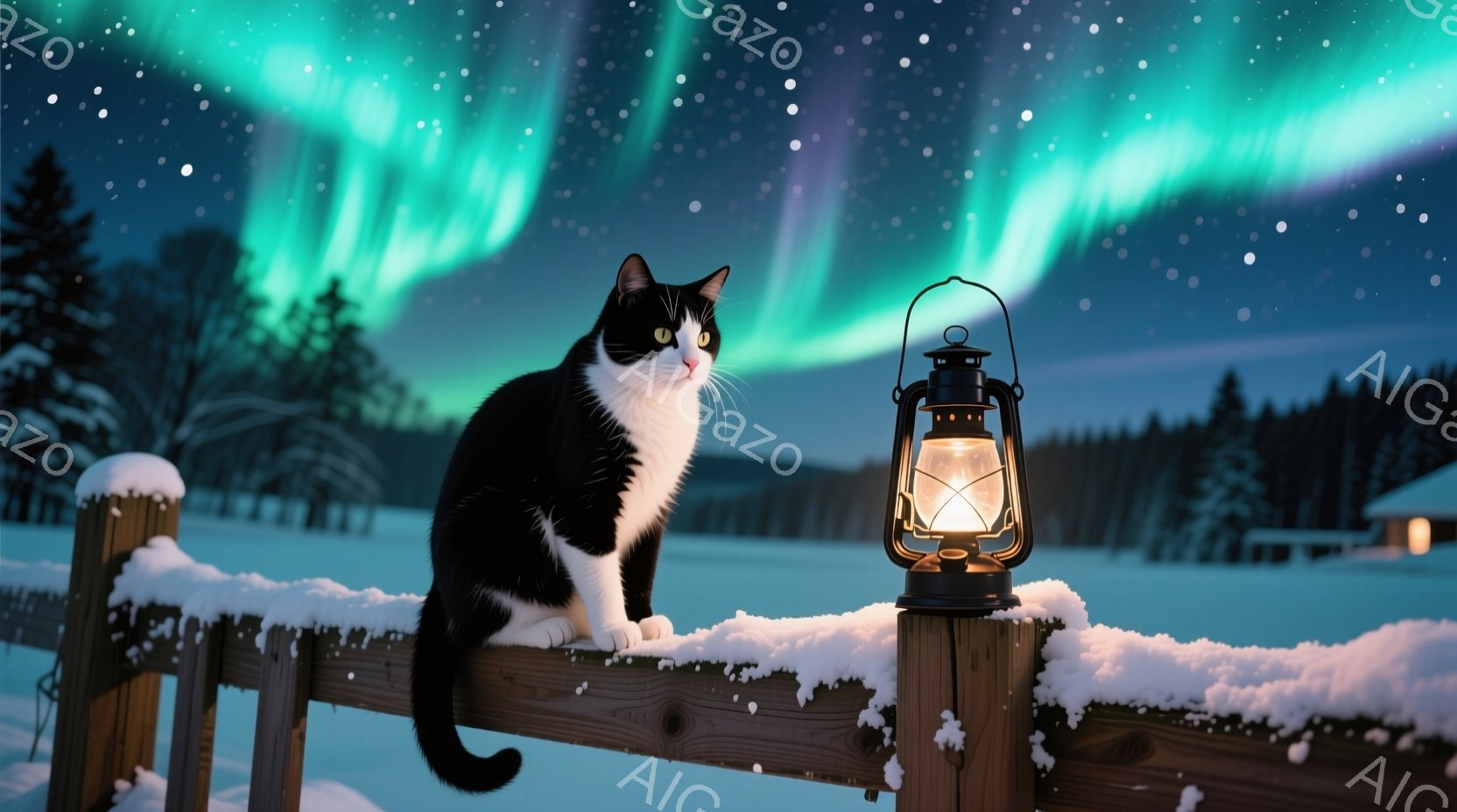 白と黒の猫が雪に覆われた木の柵の上に座っており、遠くには薄暗い建物が見えます。背景には緑と紫のオーロラが広がり、夜空は星で輝いています。全体的に静かで幻想的な冬の風景が広がっており、猫の凛とした姿が印 - AI生成フリー素材