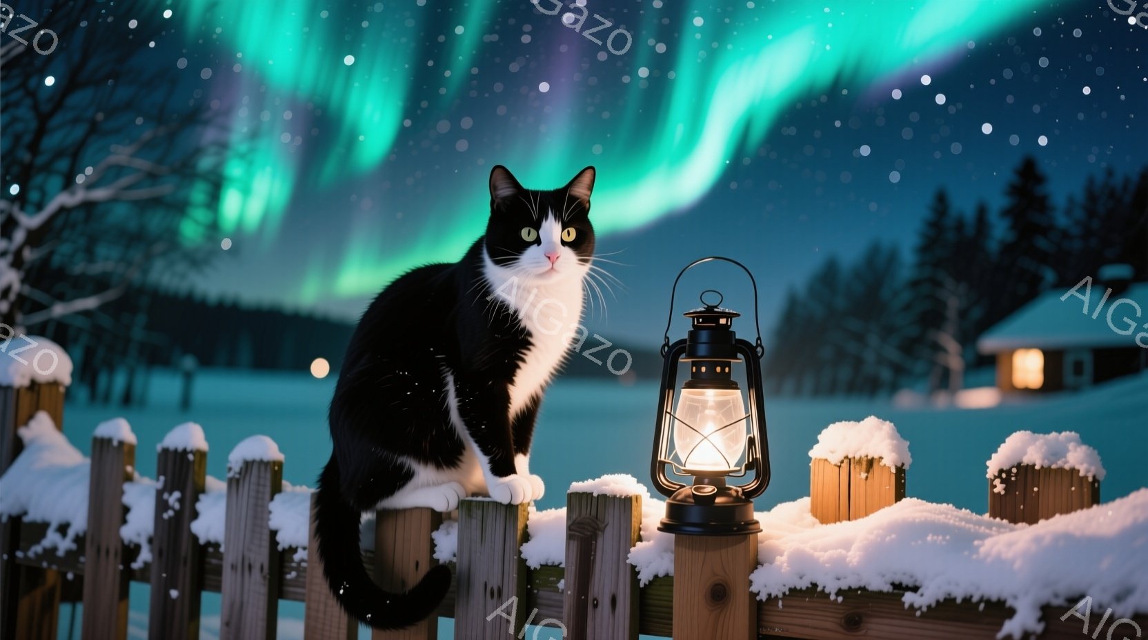 白と黒の猫が雪の積もった木の柵の上に座っており、正面を見つめています。背景には、緑と紫のオーロラが広がり、遠くには雪で覆われた家々と針葉樹林が見えます。全体的に、冬の夜の静かで幻想的な雰囲気が漂ってい - AI生成フリー素材